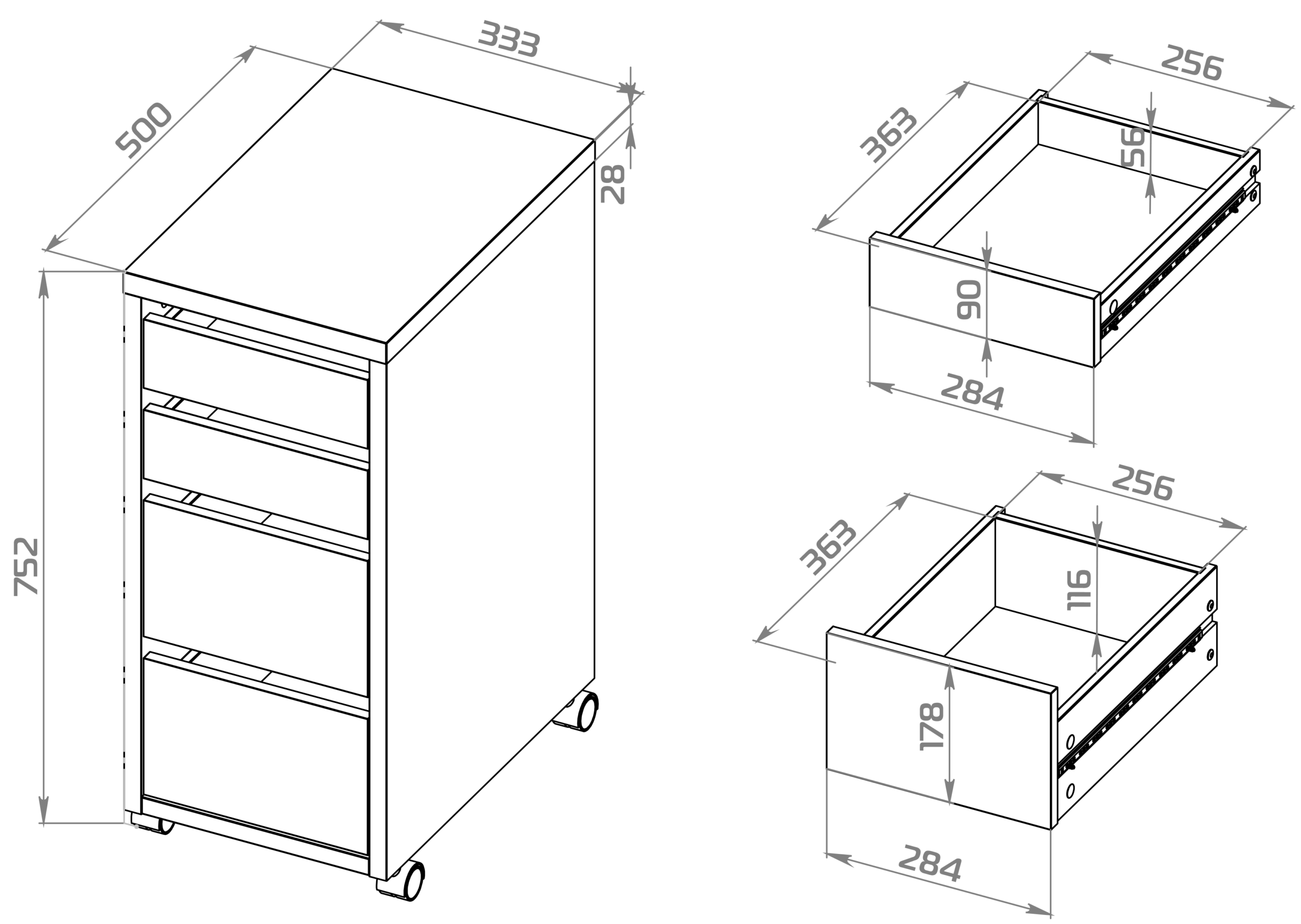 S02832 Компи 4 ящика тумба на колесиках 75x33x50, белый — изображение 4